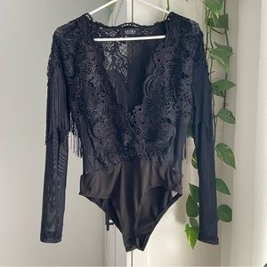 Akita Bodysuit Long Sleeve Black Transparent V-neck Size M Stretchy Lace Fringe